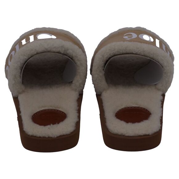 Chloe Woody Shearling Flat Slides in Beige Canvas - Picture 3 of 7
